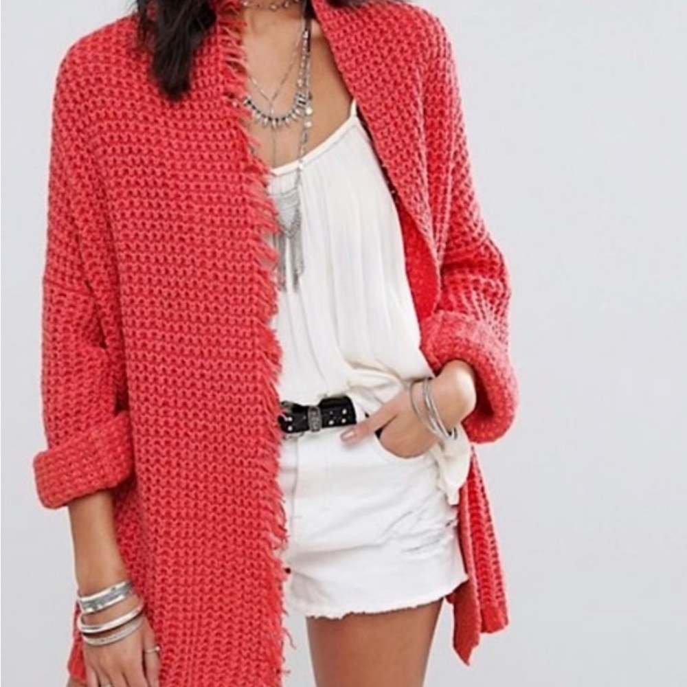 Free People Coral Open-Front Cardigan